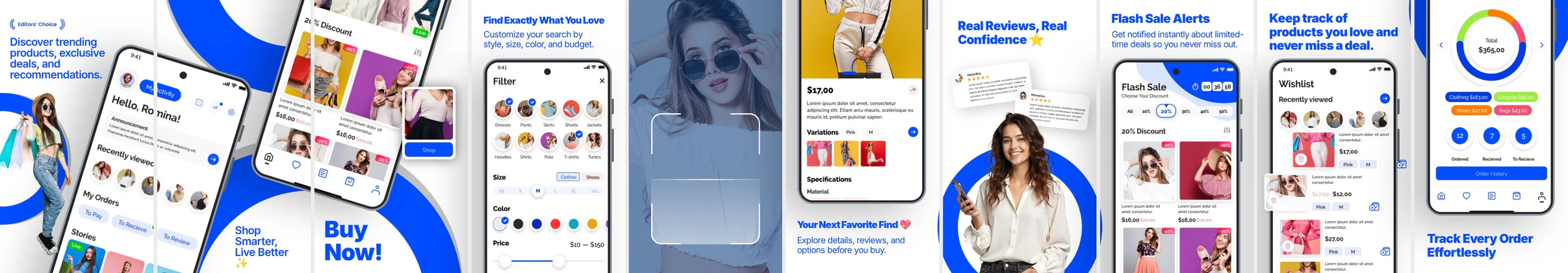Fashion Shopping App Play Store Screenshots – E-commerce Deals & Wishlist UI