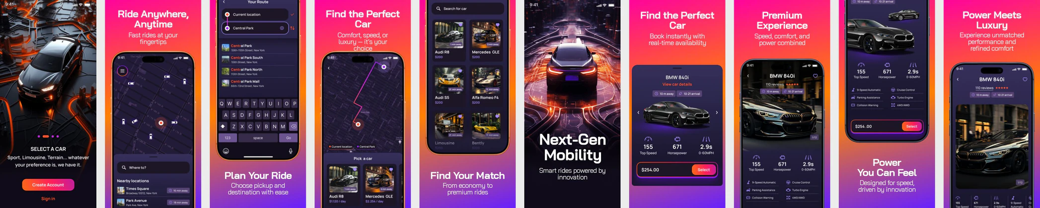 Ride Booking App Screenshots – Luxury Car Rental & Smart Mobility UI