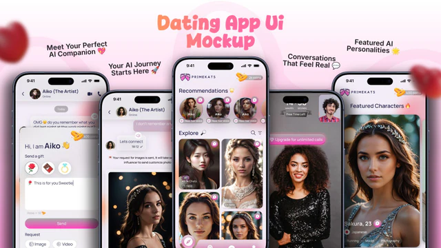 AI Dating App UI Mockup with Modern Matchmaking Screens