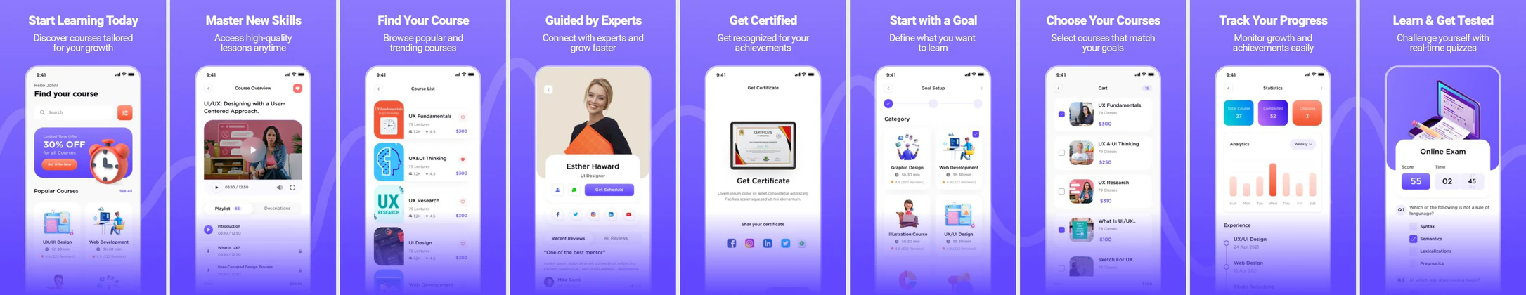 E-Learning App Play Store Screenshots – Online Course & Education UI