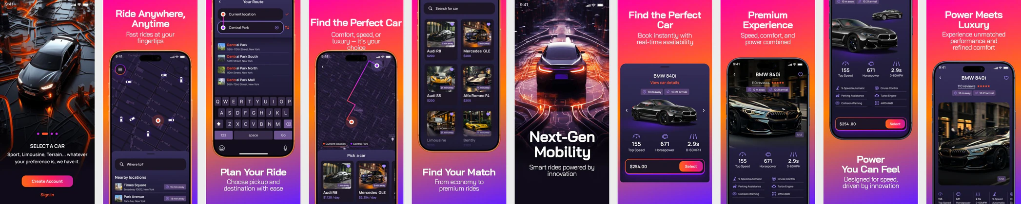 Ride Booking App Screenshots – Luxury Car Rental & Smart Mobility UI